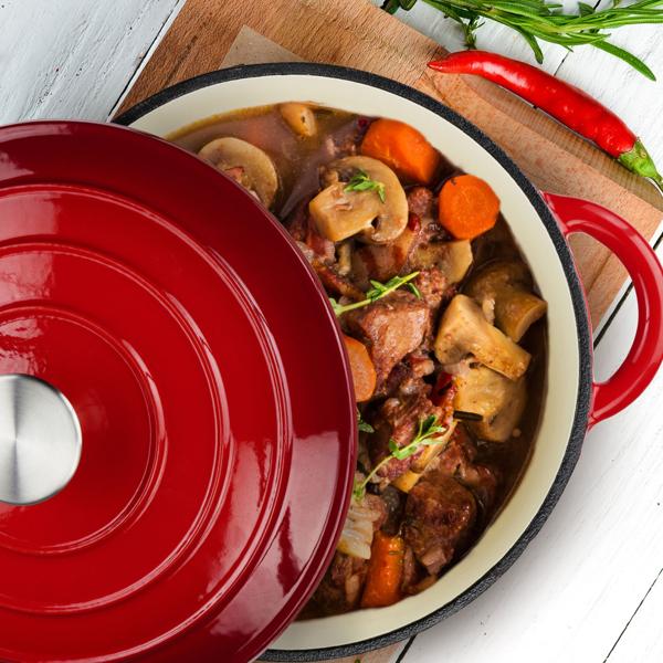 Emaillierter Gusseisen Topf rot Ø 24cm (3,8L) mit Deckel - Für alle Herdarten inkl. Induktion + Grill geeignet - Perfekt Kochen, Braten, Schmoren