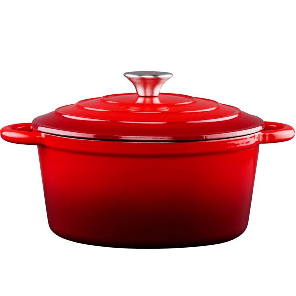 Emaillierter Gusseisen Topf rot Ø 24cm (3,8L) mit Deckel - Für alle Herdarten inkl. Induktion + Grill geeignet - Perfekt Kochen, Braten, Schmoren