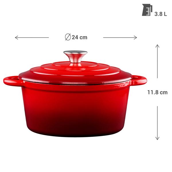 Emaillierter Gusseisen Topf rot Ø 24cm (3,8L) mit Deckel - Für alle Herdarten inkl. Induktion + Grill geeignet - Perfekt Kochen, Braten, Schmoren