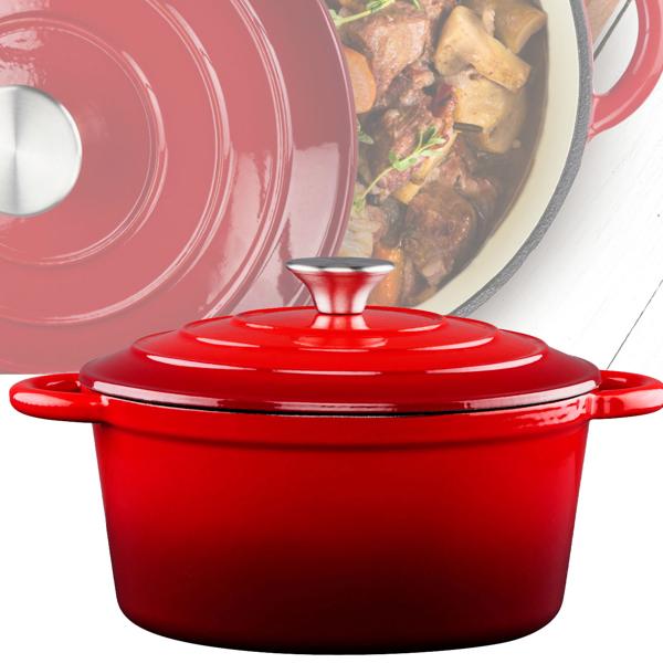 Emaillierter Gusseisen Topf rot Ø 24cm (3,8L) mit Deckel - Für alle Herdarten inkl. Induktion + Grill geeignet - Perfekt Kochen, Braten, Schmoren