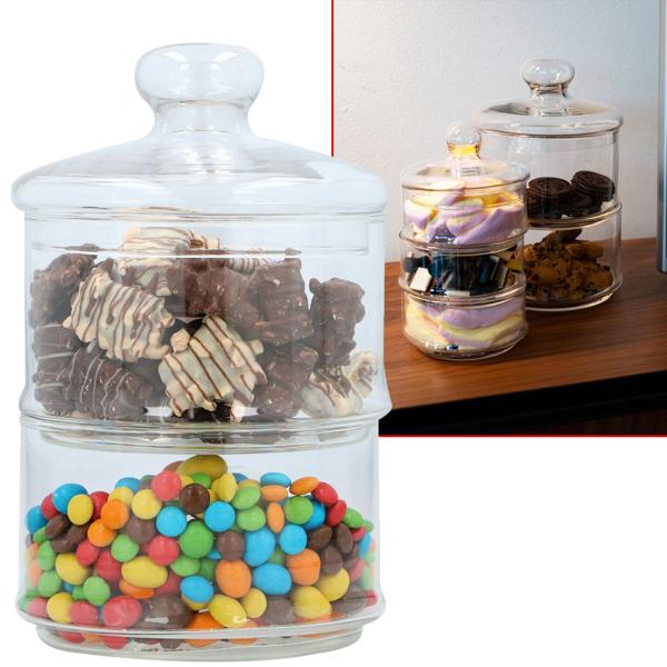 Glasbehälter mit zwei Ebenen inkl. Deckel - Ideal für Gebäck Süssigkeiten Pralinen Küche Geschäft - Ø 16cm - 28cm hoch - Hygienisch & stilvoll