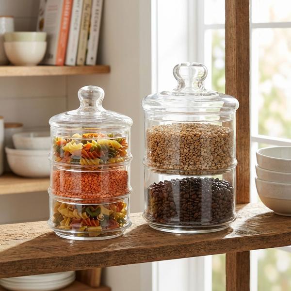 Aufbewahrungsglas-Set mit 2 und 3 Ebenen - Hygienische Glasbehälter für Gebäck, Süssigkeiten & Pralinen - Ø 16x28 cm & Ø 12x23 cm mit Deckel