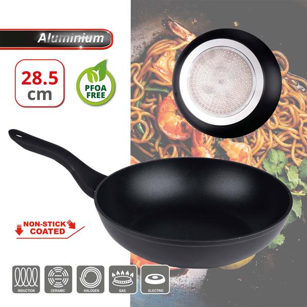 Poêle Wok Noire Ø 28,5cm - Aluminium Anti-adhésif sans PFOA - Cuisine Saine Légumes Viande Riz Pâtes - Feux Gaz Halogène Céramique Électrique