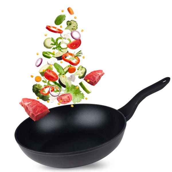 Poêle Wok Noire Ø 28,5cm - Aluminium Anti-adhésif sans PFOA - Cuisine Saine Légumes Viande Riz Pâtes - Feux Gaz Halogène Céramique Électrique