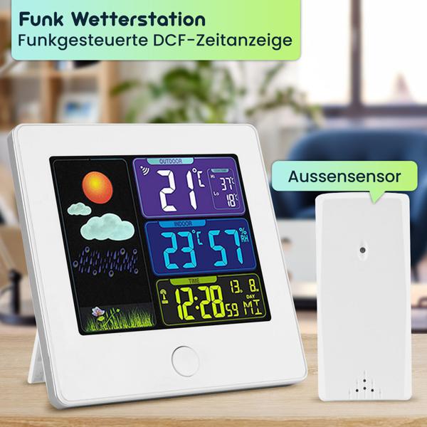 Elegante Funk-Wetterstation (weiss) mit Aussensensor – Thermometer, Hygrometer, Wecker & beleuchtetes Farbdisplay – Komfortable Wetterüberwachung