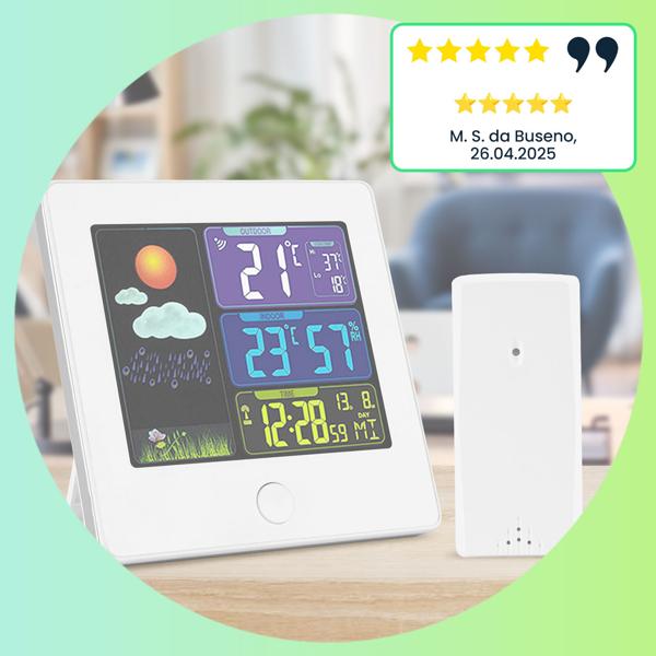 Elegante Funk-Wetterstation (weiss) mit Aussensensor – Thermometer, Hygrometer, Wecker & beleuchtetes Farbdisplay – Komfortable Wetterüberwachung