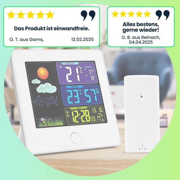 Elegante Funk-Wetterstation (weiss) mit Aussensensor – Thermometer, Hygrometer, Wecker & beleuchtetes Farbdisplay – Komfortable Wetterüberwachung