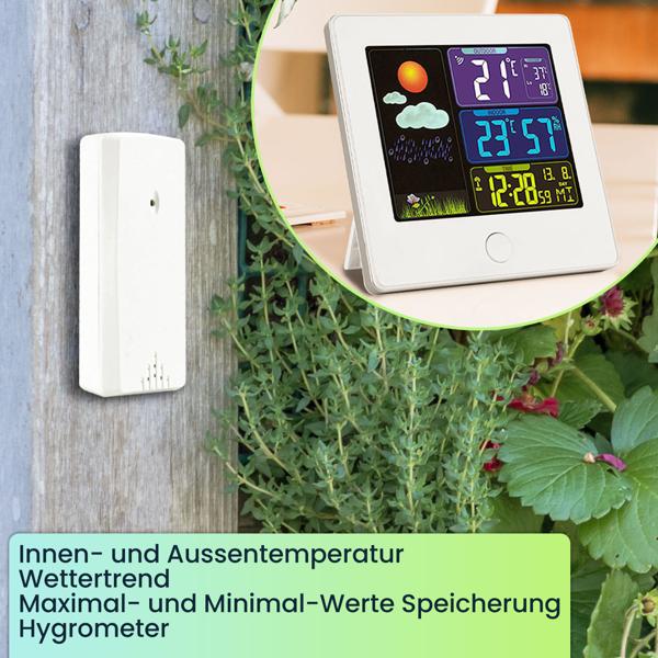 Elegante Funk-Wetterstation (weiss) mit Aussensensor – Thermometer, Hygrometer, Wecker & beleuchtetes Farbdisplay – Komfortable Wetterüberwachung