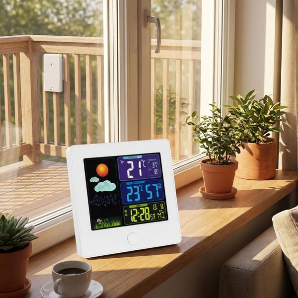 Elegante Funk-Wetterstation (weiss) mit Aussensensor – Thermometer, Hygrometer, Wecker & beleuchtetes Farbdisplay – Komfortable Wetterüberwachung