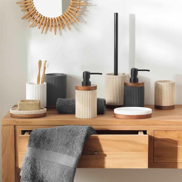 Badezimmer-Set, weiss mit Akazienholzstreifen