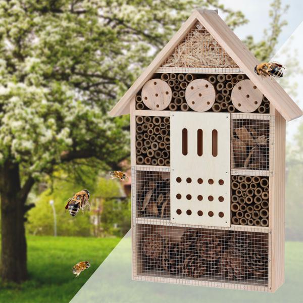 Hôtel à insectes XXL - Abri sûr pour abeilles, coccinelles - Bois de pin et bambou - 51x35x10cm - Protection oiseaux