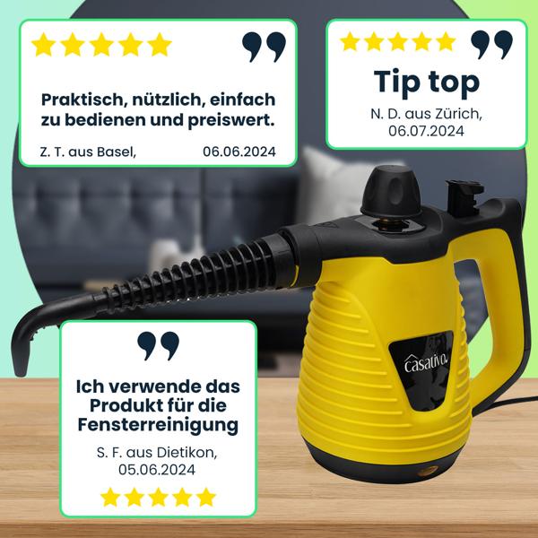 Hocheffektiver Dampf-Reiniger, tragbar, umfangreiches Zubehör, starke 1.000 Watt, 135°C,  3-5 min Aufheiz-Zeit, für Möbel, Polster, Küche, Bad, Auto