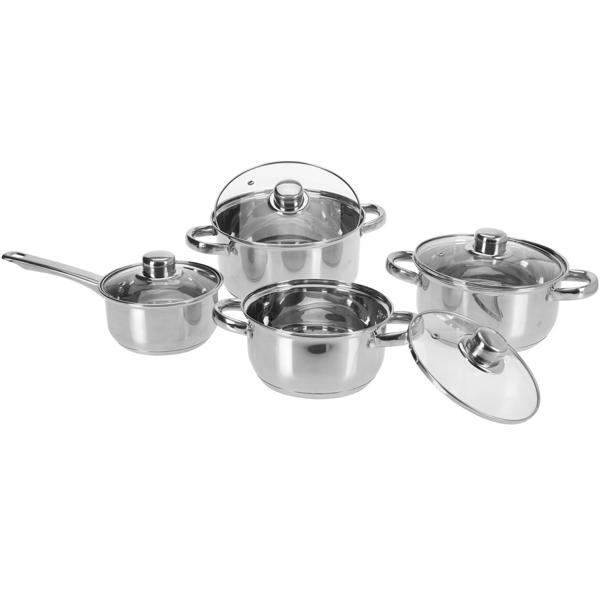 Set di pentole in acciaio inox/alluminio di alta qualità da 8 pezzi (4 pentole e 4 coperchi in vetro) - per tutti i tipi di piano cottura - Elegante, robusto e lavabile in lavastoviglie