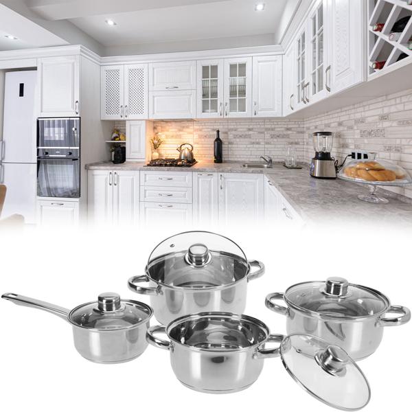 Set 8 casseroles inox/alu - 4 casseroles & 4 couvercles verre - Tous feux, induction, vitrocéramique - Lavable lave-vaisselle
