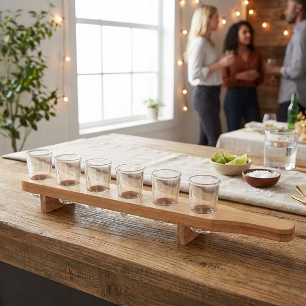 Planche à schnaps en bambou pour 6 verres à schnaps – robuste & durable – 40 ml par verre – plateau de service avec poignée – parfaite pour fête, bar, anniversaire – 45x6x6 cm