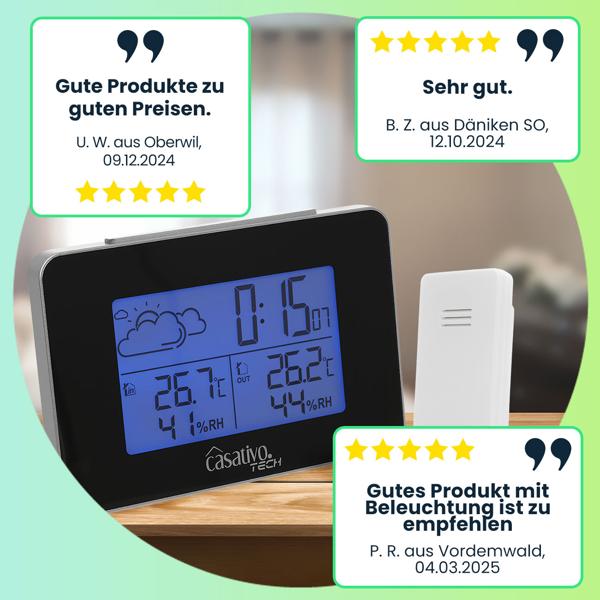 Funk Wetterstation mit Aussensensor, Wettervorhersage & Funkwecker, kabellos, Thermometer u. Hygrometer inkl. Funkuhr und Datumsanzeige