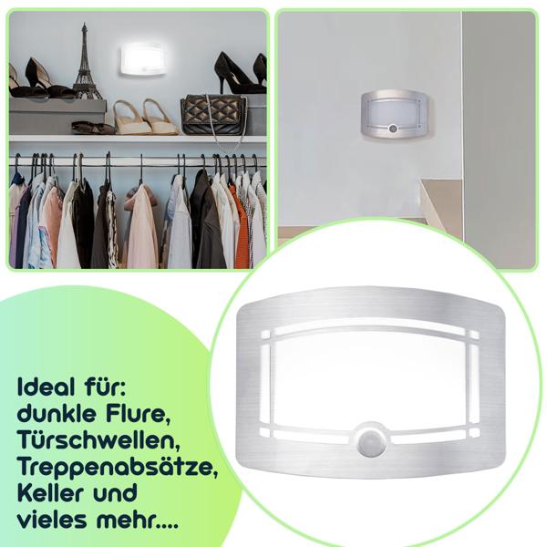Helle Batterie-LED-Wandleuchte, Aluminium und Kunststoff, 2 Leuchtstufen 20-40 Lumen, PIR-Bewegungs- & Lichtsensor, 6 Monate StandBy