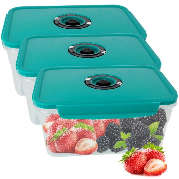 Lot de 3 boîtes de conservation sous vide 1200ml - Fermeture à clic avec anneau silicone - Affichage date - Sans BPA - Congélation