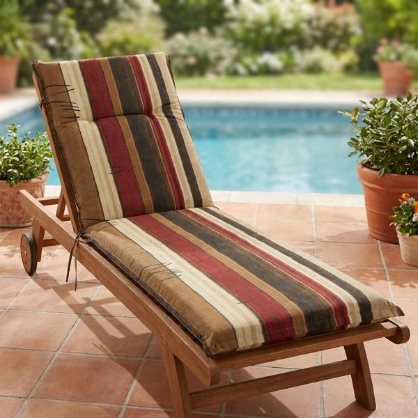 Coussin pour chaise longue, motif à rayures, tons terre, coussin pour chaise longue à roulettes, 192 cm, idéal pour chaises longues de jardin et bains de soleil