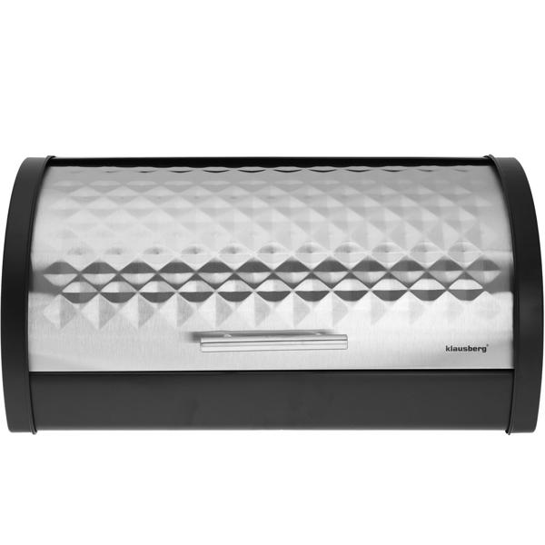 Brotkasten mit aufziehbarem Edelstahldeckel - Silber-schwarzes Design für Brot & Backwaren - Hygienische Aufbewahrung - Masse: 38x28x18.5 cm