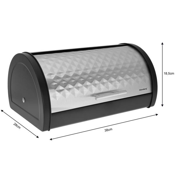 Brotkasten mit aufziehbarem Edelstahldeckel - Silber-schwarzes Design für Brot & Backwaren - Hygienische Aufbewahrung - Masse: 38x28x18.5 cm