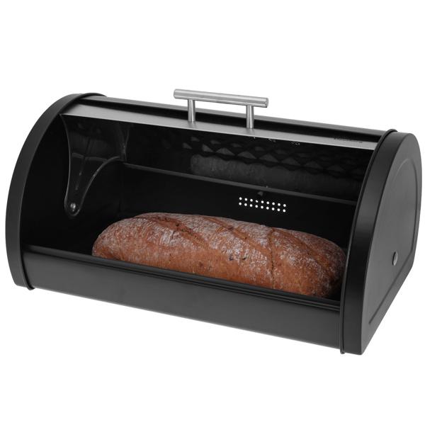 Brotkasten mit aufziehbarem Edelstahldeckel - Silber-schwarzes Design für Brot & Backwaren - Hygienische Aufbewahrung - Masse: 38x28x18.5 cm