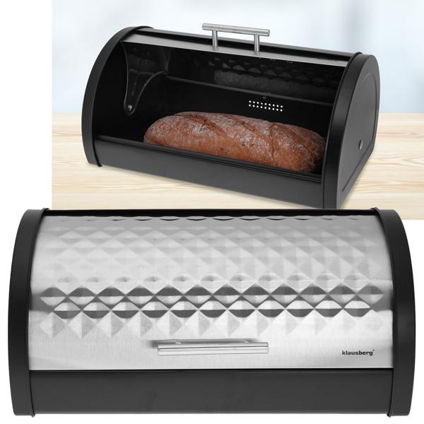 Brotkasten mit aufziehbarem Edelstahldeckel - Silber-schwarzes Design für Brot & Backwaren - Hygienische Aufbewahrung - Masse: 38x28x18.5 cm