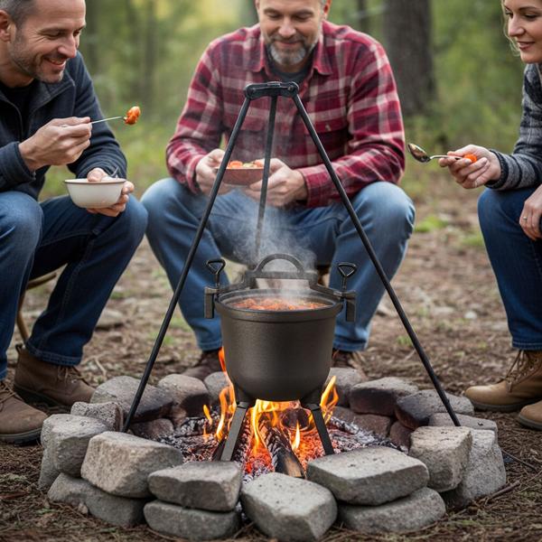 Gusseisen Camping-Kochtopf (7 Liter) - Lagerfeuertopf, schwarz, Deckel für schnelles Dampfkochen - Emaille-Beschichtung - für die Outdoor-Küche