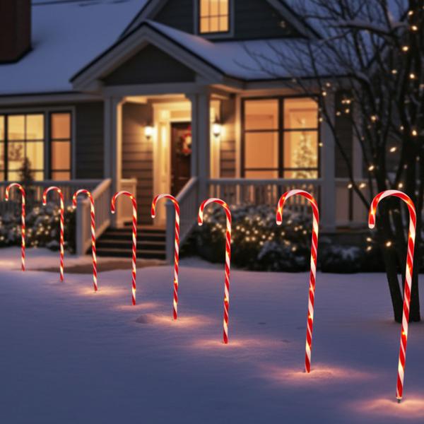 LED-Gartenstecker Zuckerstange 4er-Set - Weihnachtsdeko für Hof & Garten - 8 LEDs, 74cm hoch, rot-weiss, mit Timer & Memory-Funktion