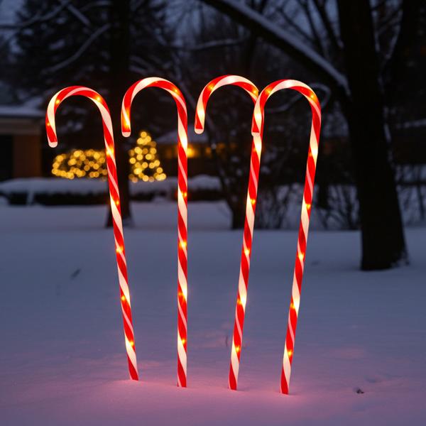 LED-Gartenstecker Zuckerstange 4er-Set - Weihnachtsdeko für Hof & Garten - 8 LEDs, 74cm hoch, rot-weiss, mit Timer & Memory-Funktion
