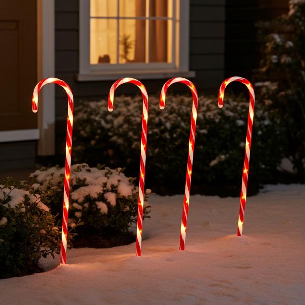 LED-Gartenstecker Zuckerstange 4er-Set - Weihnachtsdeko für Hof & Garten - 8 LEDs, 74cm hoch, rot-weiss, mit Timer & Memory-Funktion