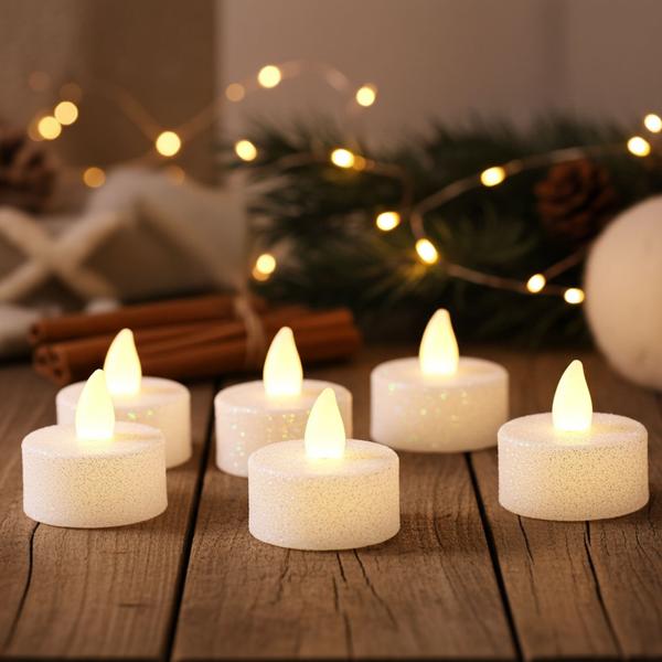 LED-Teelichter 6er-Set Weiss-Glitzer - Batteriebetrieben & sicher - Ideal für Weihnachtsdeko & Partys - CR2032 inkl. - 3.8x4 cm