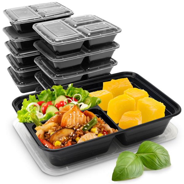 10 Essensboxen mit Deckel & 3 Trennfächern, Meal Prep Boxen sind wiederverwendbar, BPA frei, mikrowellengeeignet, Bento-Boxen mit 1,2 l Kapazität