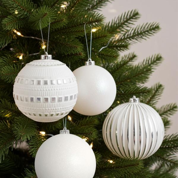 Weihnachtskugeln 4er-Set weiss - Ø 15 cm Christbaumkugeln mit 3 Designs für festliche Weihnachtsdekoration - Edler Baumschmuck Adventszeit Büro Zuhause