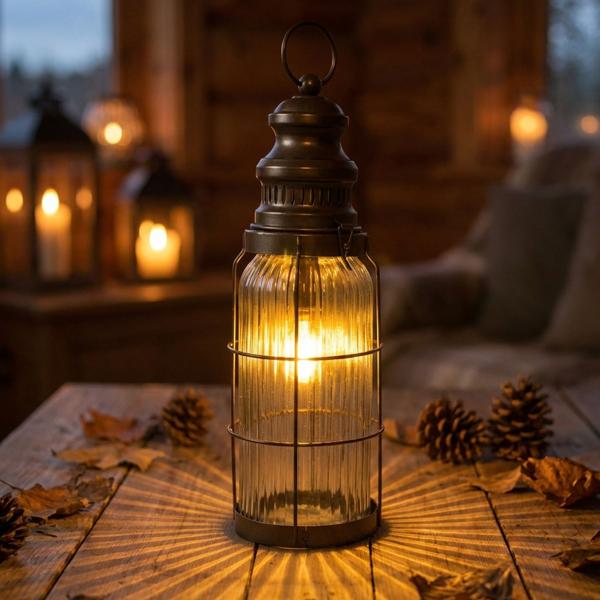 Stilvolle LED-Laterne im Vintage-Look, bronze-braun, H38cm – Batteriebetrieben, für nostalgische Beleuchtung im Industrial-Design