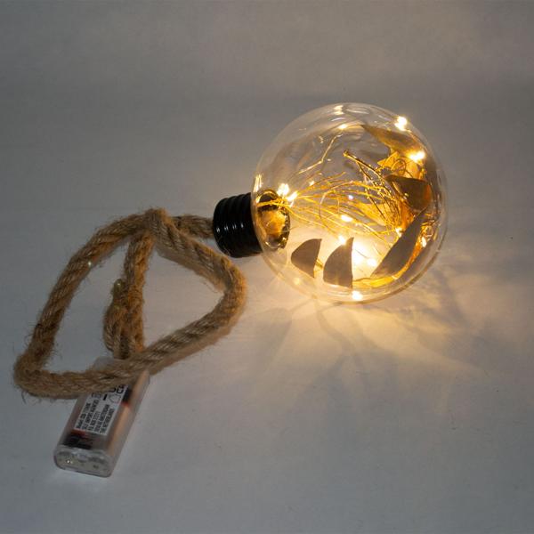 Boule en verre avec feuilles dorées et 10 LED, blanc chaud