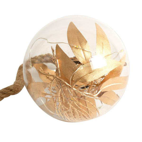 Boule en verre avec feuilles dorées et 10 LED, blanc chaud