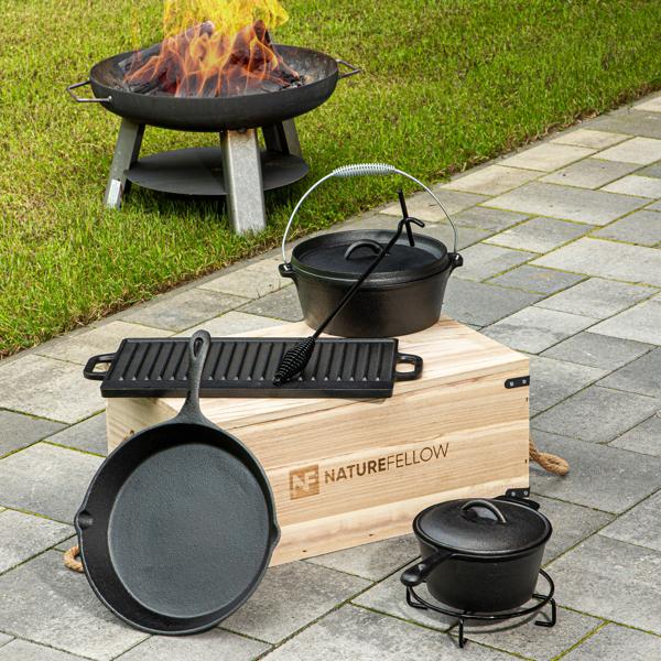 Set da barbecue in ghisa di alta qualità, 6 pezzi + scatola di legno