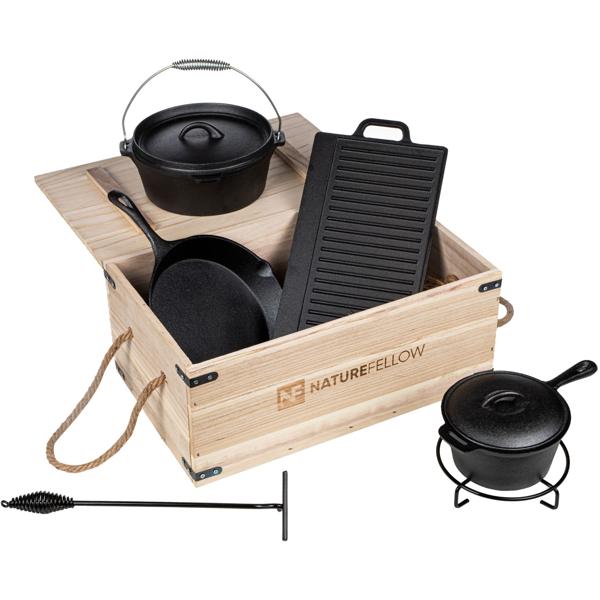 Set da barbecue in ghisa di alta qualità, 6 pezzi + scatola di legno