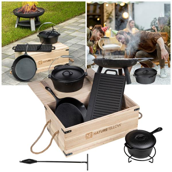 Set da barbecue in ghisa di alta qualità, 6 pezzi + scatola di legno
