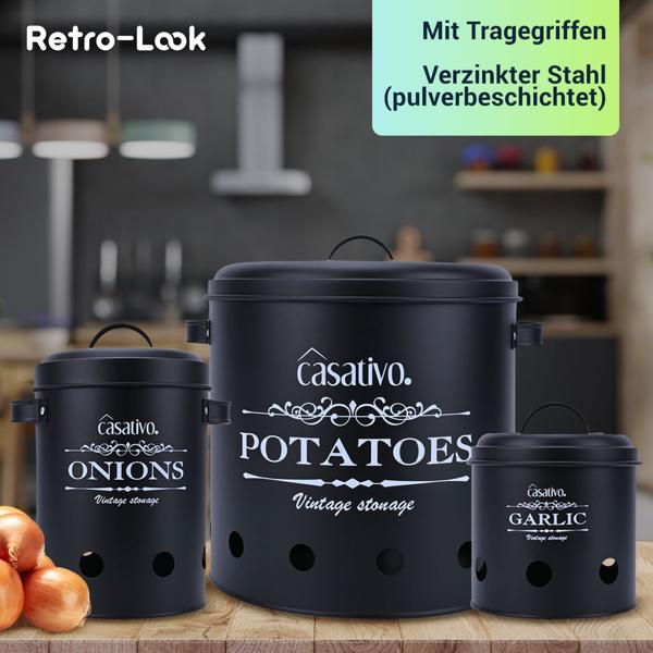 Stilvolle Vorratsbehälter, 3 Stück, Kartoffeln, Zwiebeln, Knoblauch, schwarz, praktische Aufbewahrungsbehälter mit Deckel und Luftlöchern