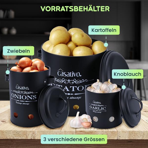 Contenitori eleganti per la conservazione, 3 pezzi, patate, cipolle, aglio, nero, pratici contenitori con coperchio e fori per l‘aria