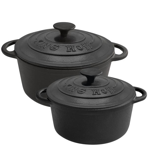 2er-Set Gusseisen Töpfe mit Deckel rund - 2.4L & 4L für Herd, Ofen, Grill - Hochwertiger Grauguss, backofenfest, für aromatische Speisen