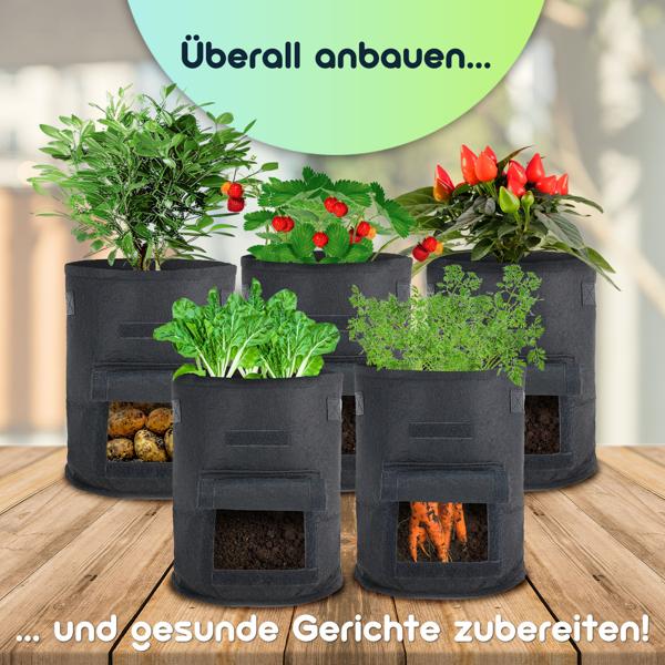 Atmungsaktive 10L Pflanzen-Wachstumssäcke aus Filz, 5er-Set, mit Tragegriffen und Sichtfenster, für Gemüse, Beeren und mehr, leicht und robust