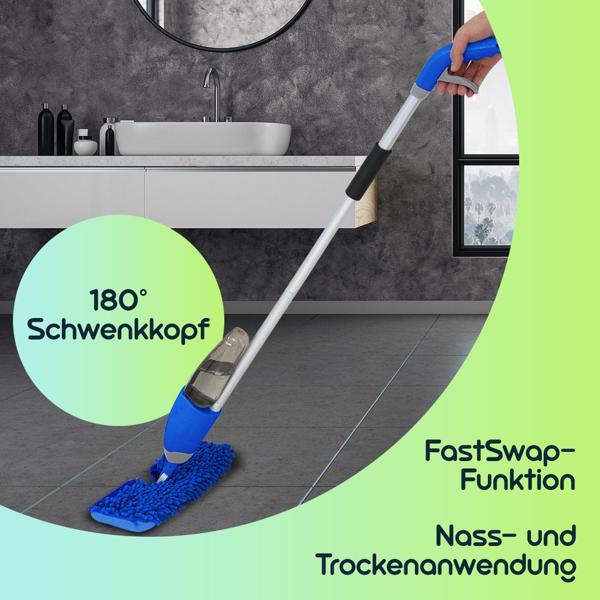 Praktischer 2 in 1 Bodenwischer nass-trocken mit Sprühfunktion, FastSwap, Wassertank 700 ml, 180°-Schwenkkopf, inkl. 2 Wischtüchern