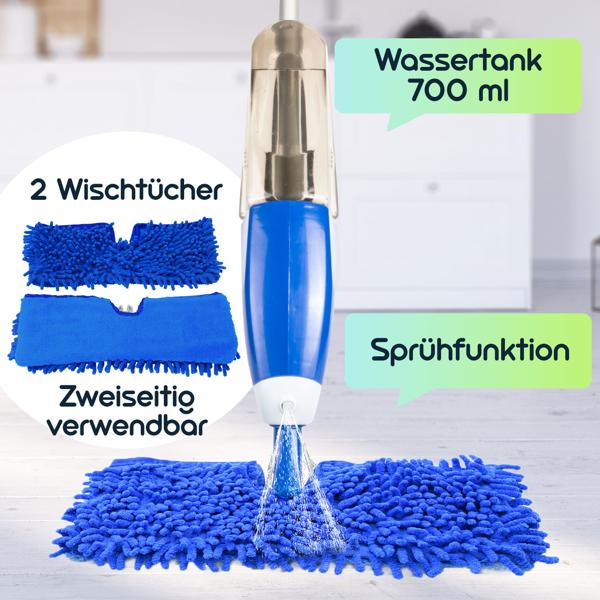 Praktischer 2 in 1 Bodenwischer nass-trocken mit Sprühfunktion, FastSwap, Wassertank 700 ml, 180°-Schwenkkopf, inkl. 2 Wischtüchern