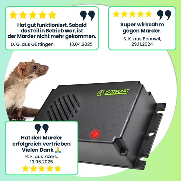 Bewährte Mobile Marder-Abwehr mit Ultraschall, Marder Schreck Auto batteriebetrieben, Marderschutz für KFZ, Motorraum, Estrich, Haus, Garten