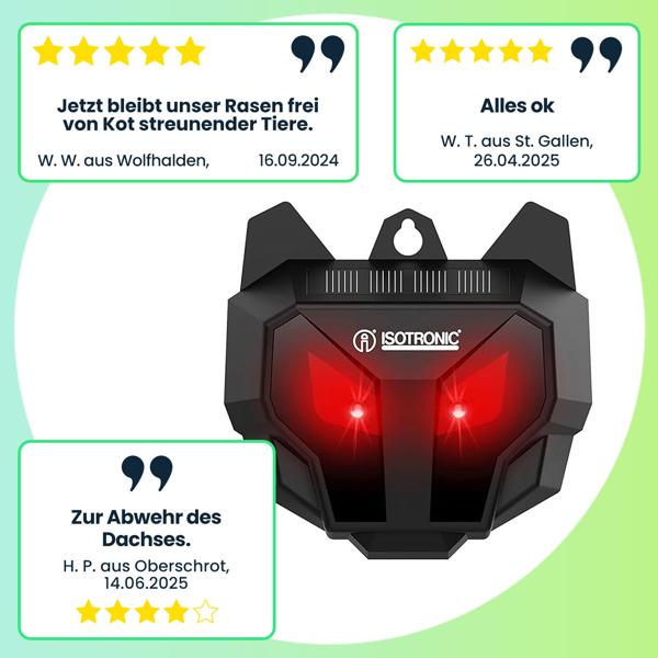 2er-Set Tierabwehr gegen Wildtiere - Vertreibt Füchse, Marder, Waschbären nachts mit blinkenden LEDs - Solarbetrieben, Dämmerungssensor, IP44