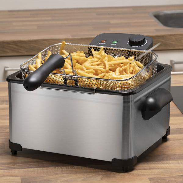 Friteuse à Huile DOMO 2,5 L 1800 W Noire - Poignée Levage, Anti-Adhésif, Grande Saladeuse Inox, Frites Maison Croustillantes