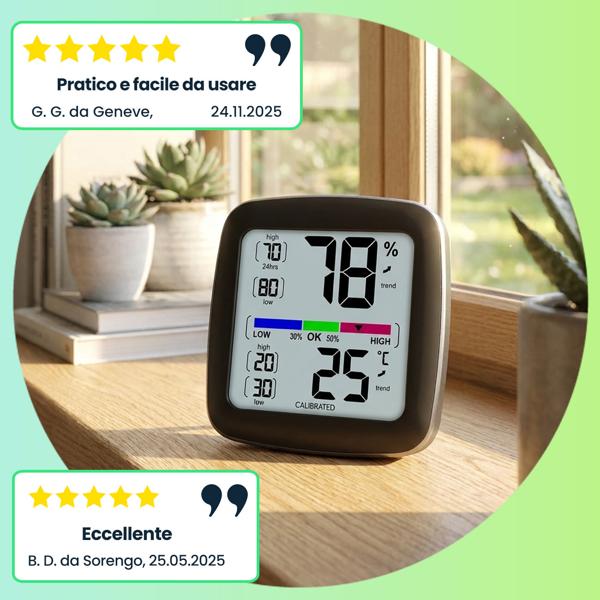 Termo-igrometro digitale di precisione – calibrabile con display LCD – misurazione accurata di temperatura e umidità dell’aria – ideale per casa, ufficio e giardino